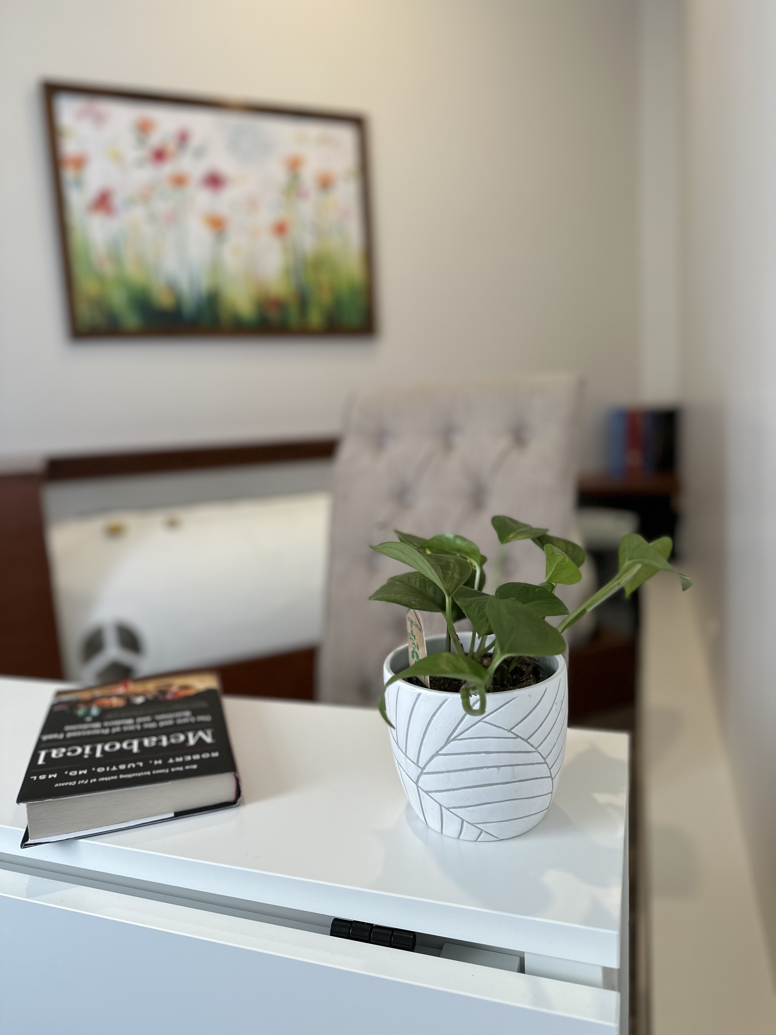 A potted plant and book resting on the side table, with the chamber beyond.