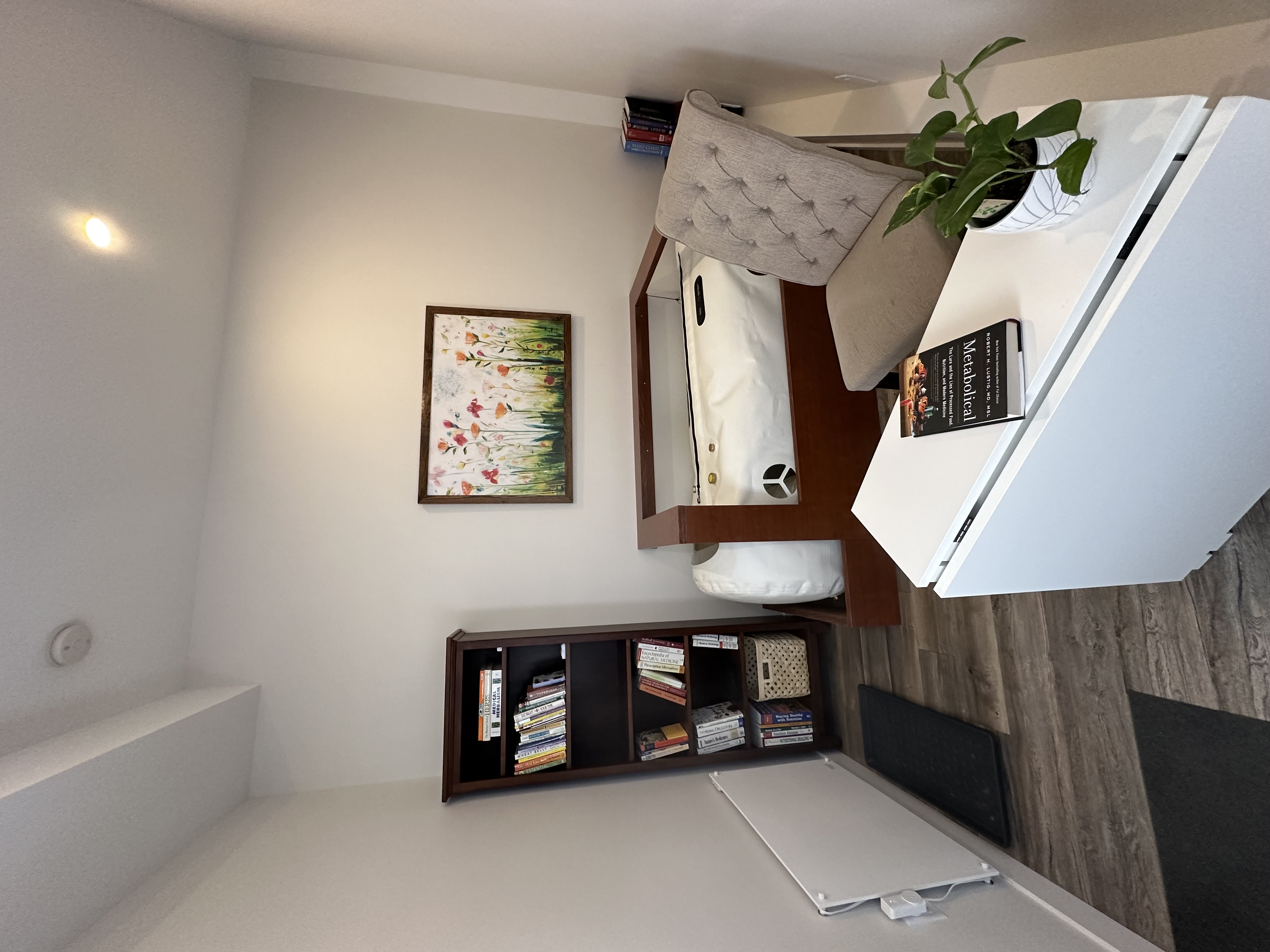 Soft light filling the room, with the chamber and a nook of wellness books.
